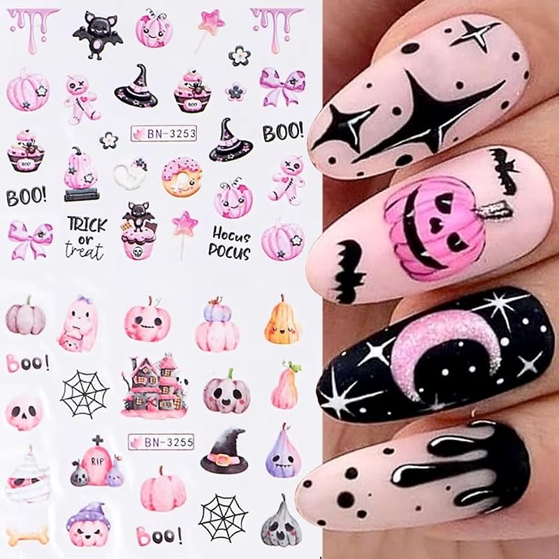 JUNCHAO Halloween Nail Art Stickers Pink Pumpkins Cute Ghost Water Decals 12PCS