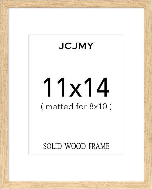 JCJMY 11x14 Solid Wood Picture Frame - Display 8x10 with Mat or 11x14 Without | Natural Finish, Shatter-Resistant Plexiglass