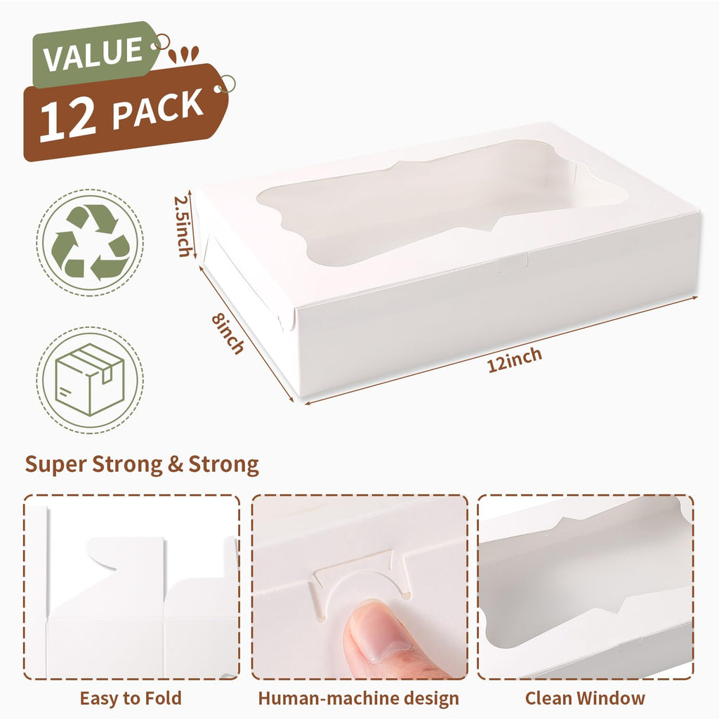PFAMKEER 12pcs12x8x2.5 Inches Bakery Boxes,Cookie Boxes with 3Style for Window Bread,Treat，Chocolate,Strawberries,Dessert,Cakes,Donuts,Muffins,pastry