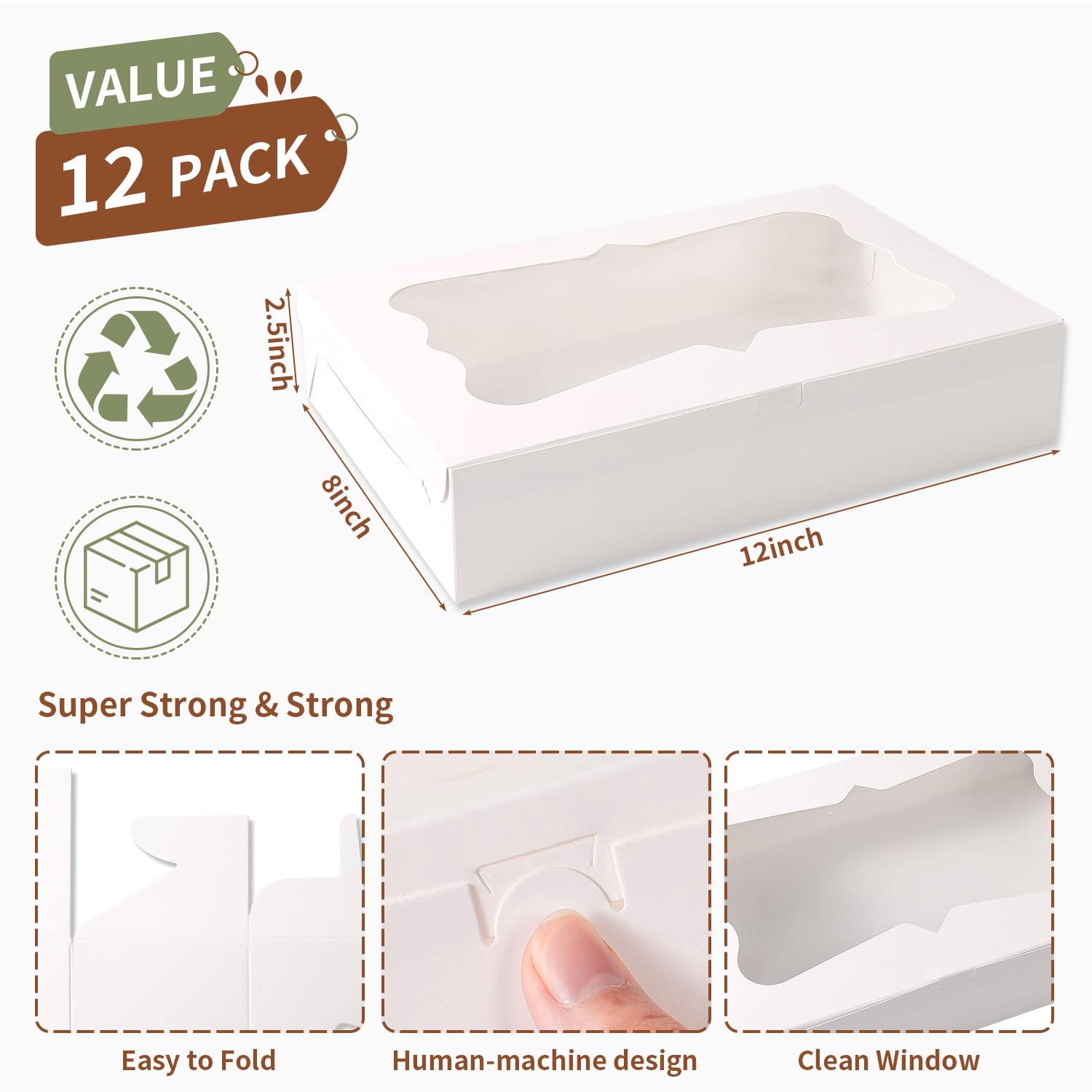 PFAMKEER 12pcs12x8x2.5 Inches Bakery Boxes,Cookie Boxes with 3Style for Window Bread,Treat，Chocolate,Strawberries,Dessert,Cakes,Donuts,Muffins,pastry