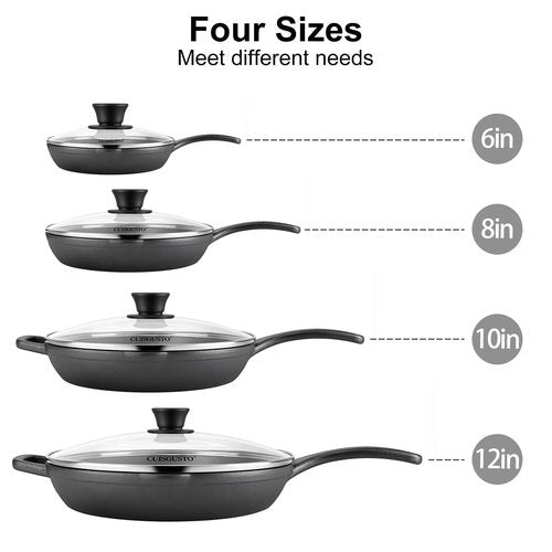 CUISGUSTO 12 Inch Cast Iron Skillet with Tempered Glass Lid, Pre-Seasoned for Consistent Heating, Silicone Handle Cover & Pan Scraper, Ideal for Holiday Cooking & Gifting