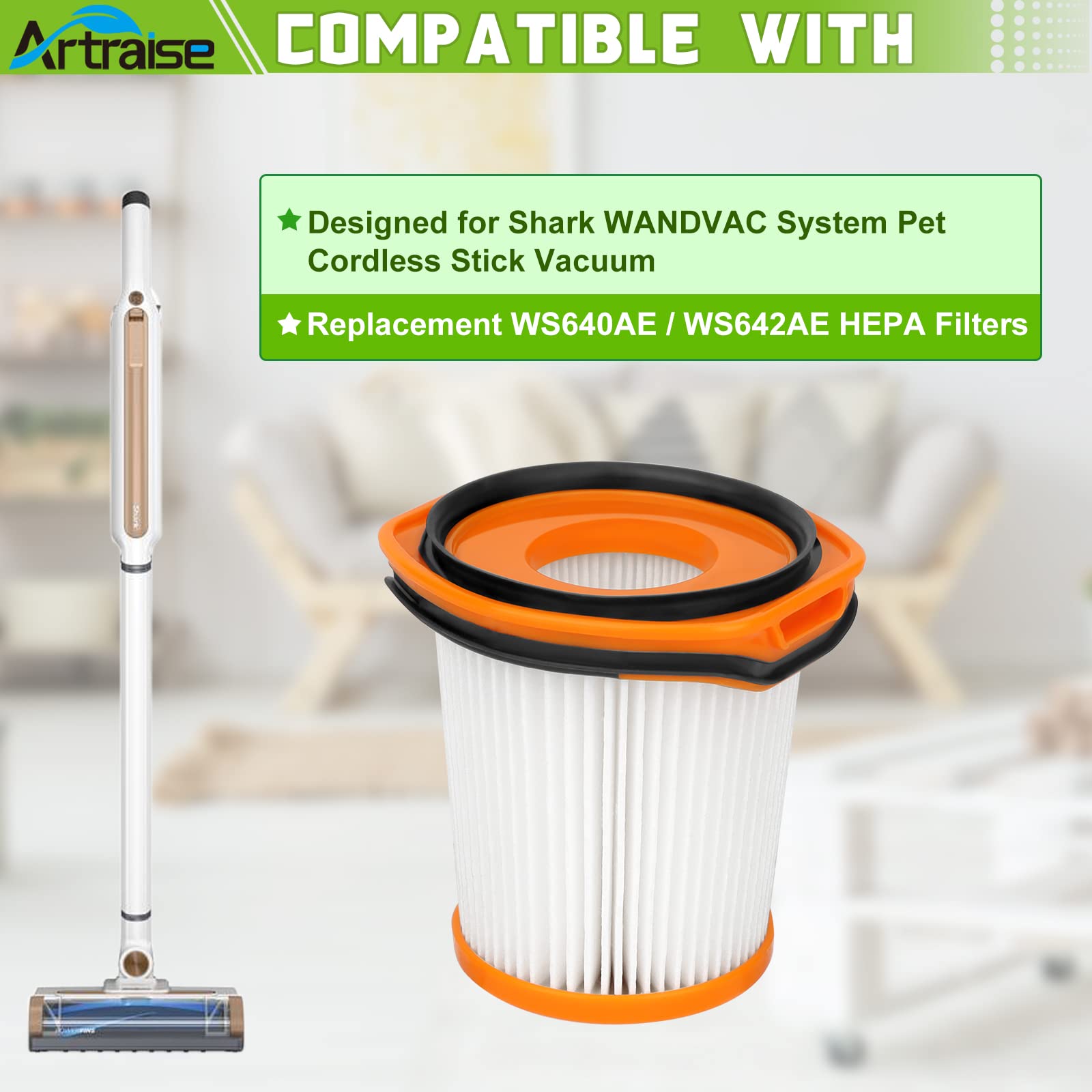 Artraise WS642AE Filter Replacement for Shark WS642AE WS640AE Wandvac Self-Empty System Ultra-Lightweight Powerful Cordless Stick Vacuum (4 Pack Filters)