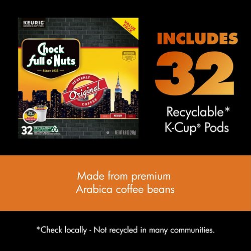Chock Full o' Nuts K-Cup Pods - Heavenly Original Medium Roast Coffee - 32 Single Serve Pods