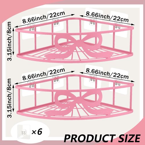 Coquette Corner Shower Caddy - No Drilling Pink Shower Shelves with 5 Adhesive Hooks | 2 Pack