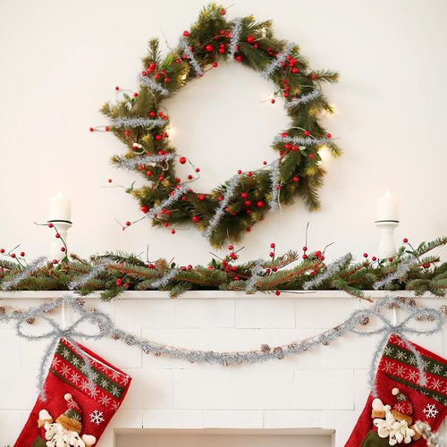 Silver Tinsel Christmas Tree Garland - 50 Yards Halloween Glitter Ribbon for Xmas, Birthday, Sparkly Decorations