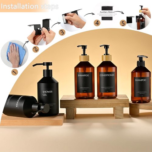 JANXIN Shampoo and Conditioner Dispenser Set of 3 for Wall Mount,16.9 fl oz Drill Free Shower Soap Bottles with Labels,Refillable Body Wash Dispensers for Bathroom Decor (Black Bottles +Black Pumps)