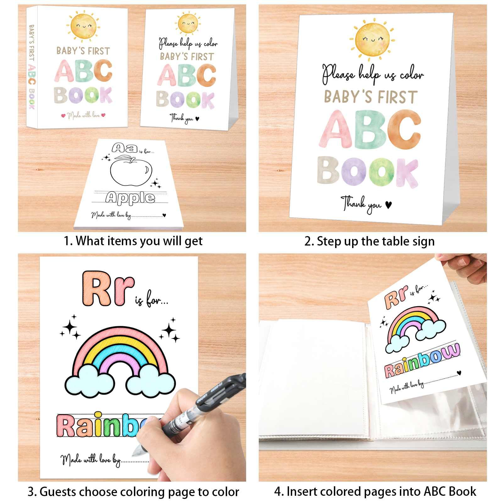 Baby's First ABC Book Baby Shower Activity, Boho Sun Baby Shower Guest Book Alternative with Alphabet Coloring Pages, Educational Keepsake & Activities, Sunshine Baby Shower Games Craft Kit