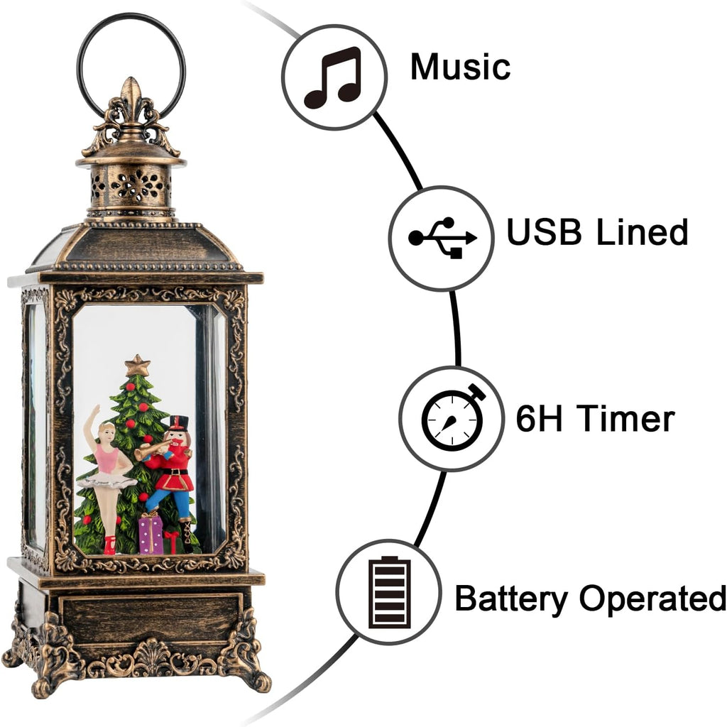 VISFLAIR Christmas Snow Globe Lantern - Musical Nutcracker & Ballerina Decoration | Battery or USB Powered