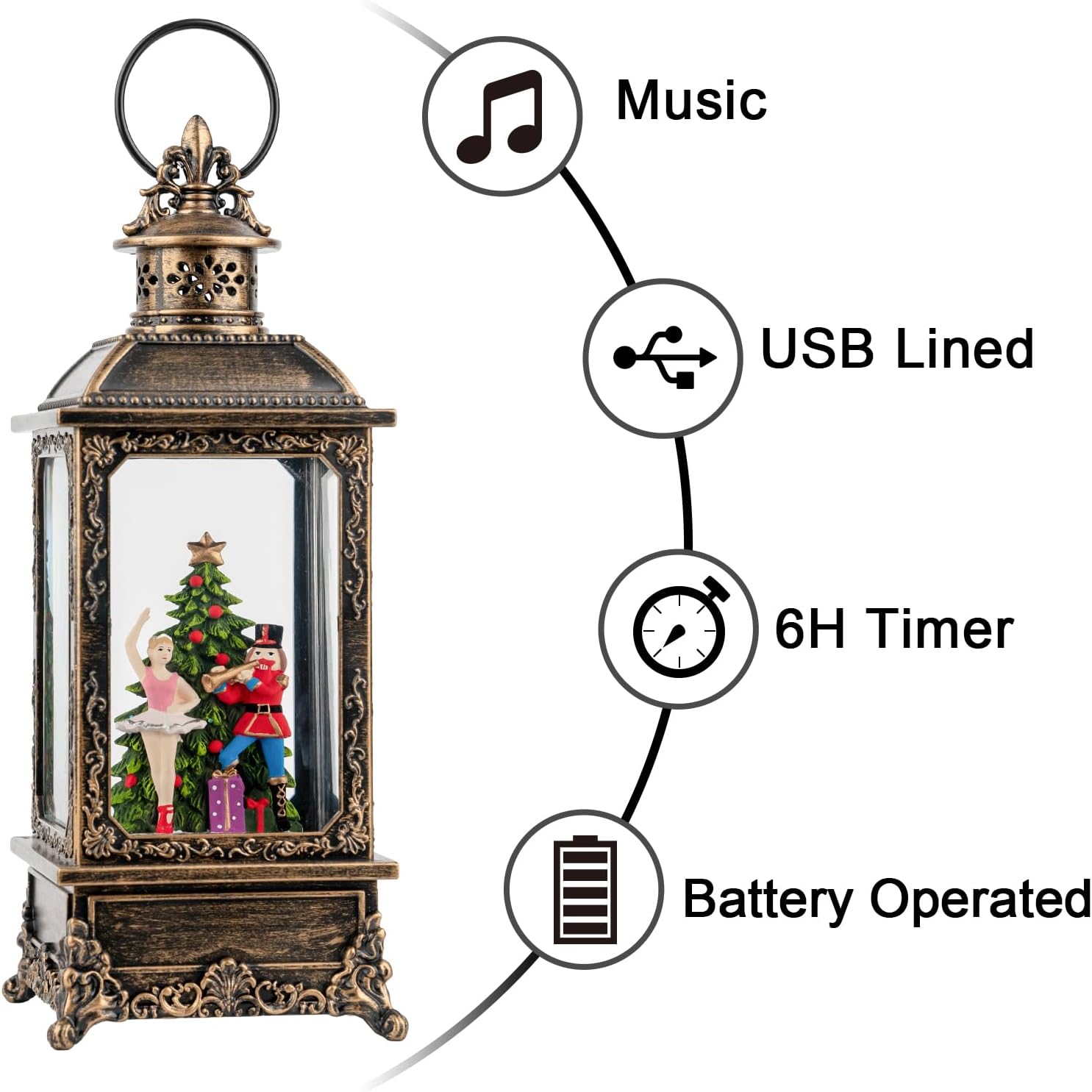 VISFLAIR Christmas Snow Globe Lantern - Musical Nutcracker & Ballerina Decoration | Battery or USB Powered