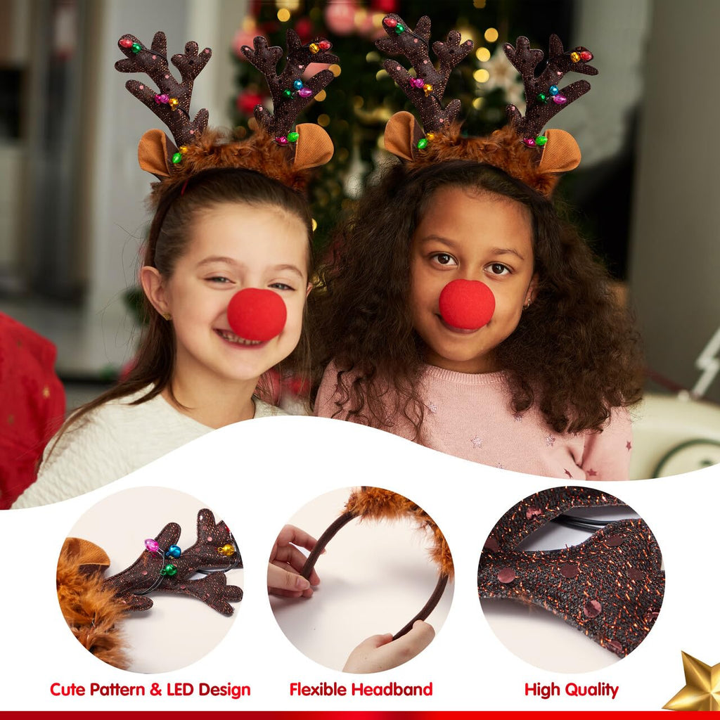 JOYIN Christmas 2Pcs Light Up Headband, Cute Reindeer Headband with LED Bulbs for Adult Kids Party Favor Supplies Xmas Accessories Christmas Holiday