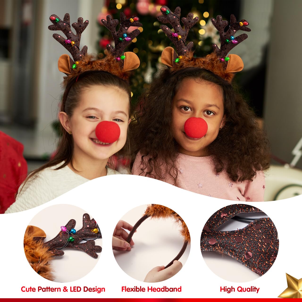 JOYIN Christmas 2Pcs Light Up Headband, Cute Reindeer Headband with LED Bulbs for Adult Kids Party Favor Supplies Xmas Accessories Christmas Holiday