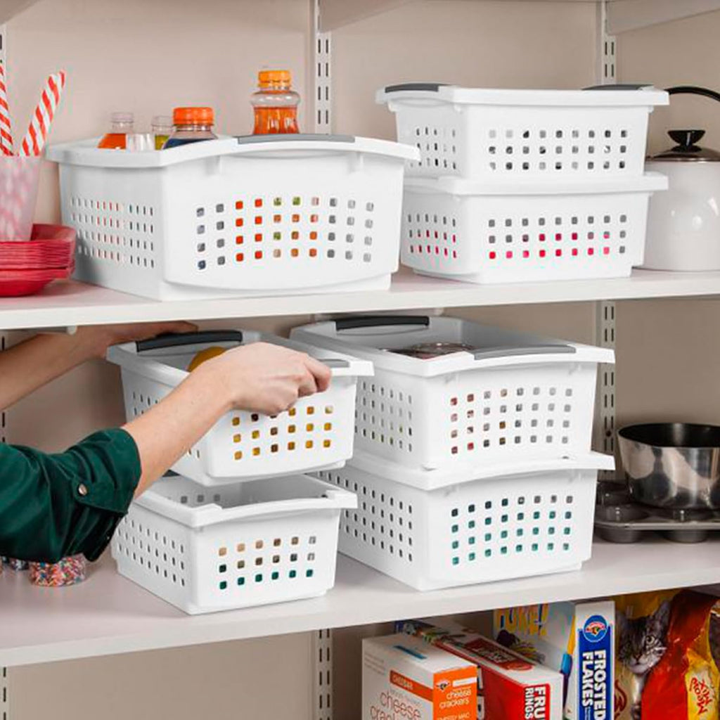 Sterilite Small Plastic Storage Baskets - Stacking Design with Comfort Grip Handles | 8 Pack, White