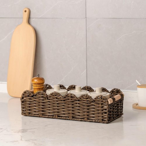 CubesLand Wicker Floating Shelves Baskets - Scalloped Edge Toilet Paper Storage | Brown Rattan with Wood Handle