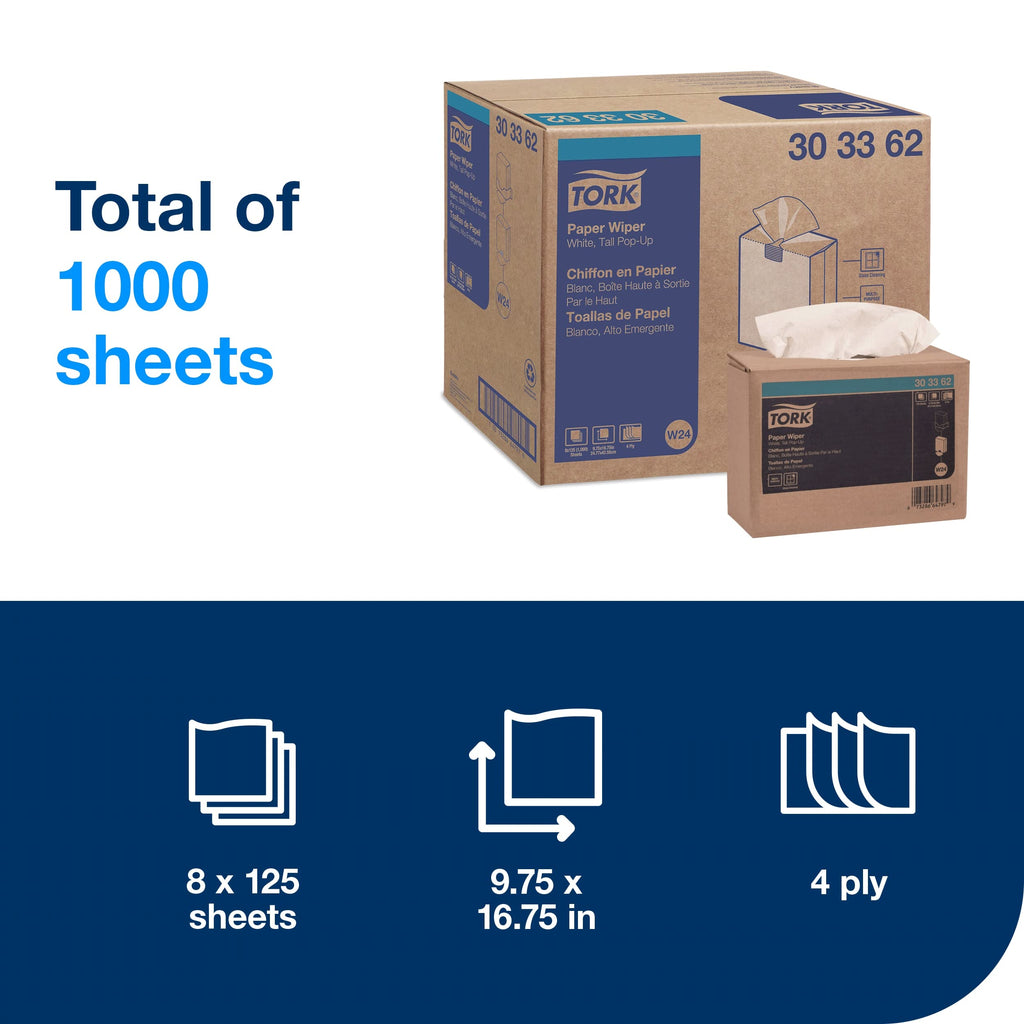 Tork Paper Wiper White Self Dispensing, Pop-Up Box, 8 x 125 Sheets, 303362