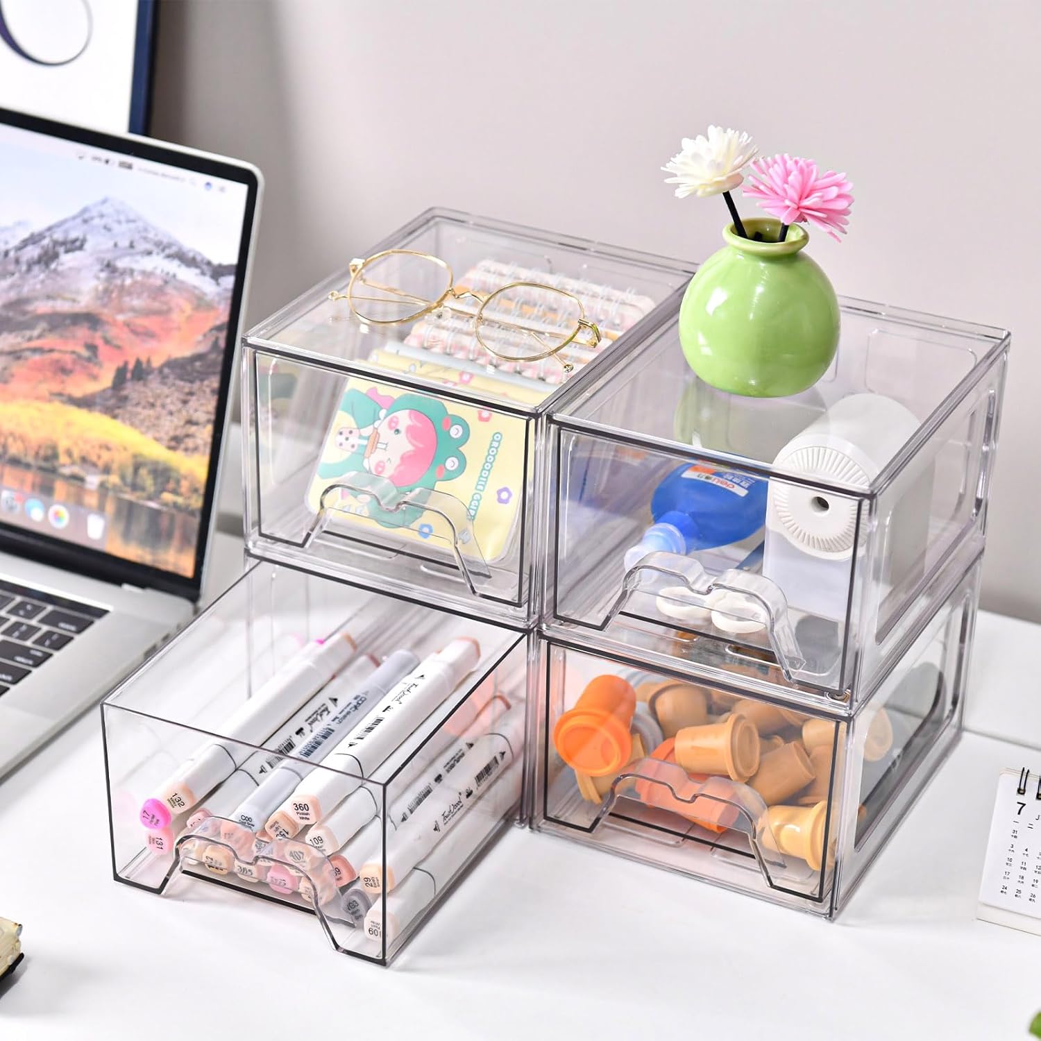Stebopum Stackable Makeup Organizer - 6 Pack Clear Acrylic Storage Bins with Pull-Out Handle | 4.4'' Tall for Vanity & Bathroom