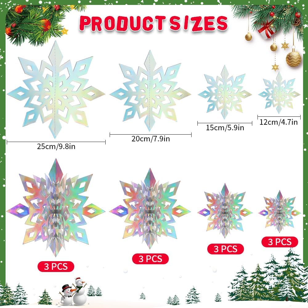 Skiennix Winter Snowflake Decorations - 12 Pcs 3D Iridescent Hanging Ornaments for Holiday Decor