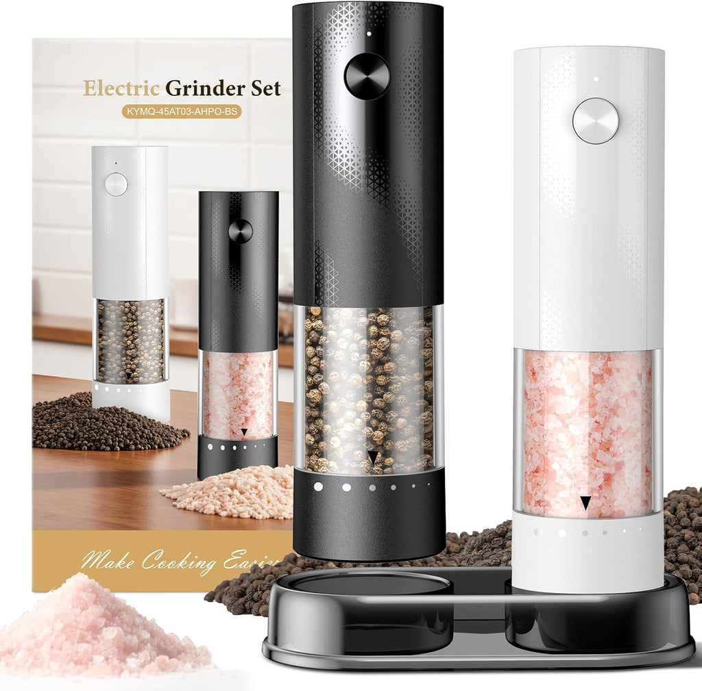 Skiennix Electric Salt and Pepper Grinder Set - Rechargeable Automatic Shakers with Adjustable Coarseness | 2-Pack Black/White