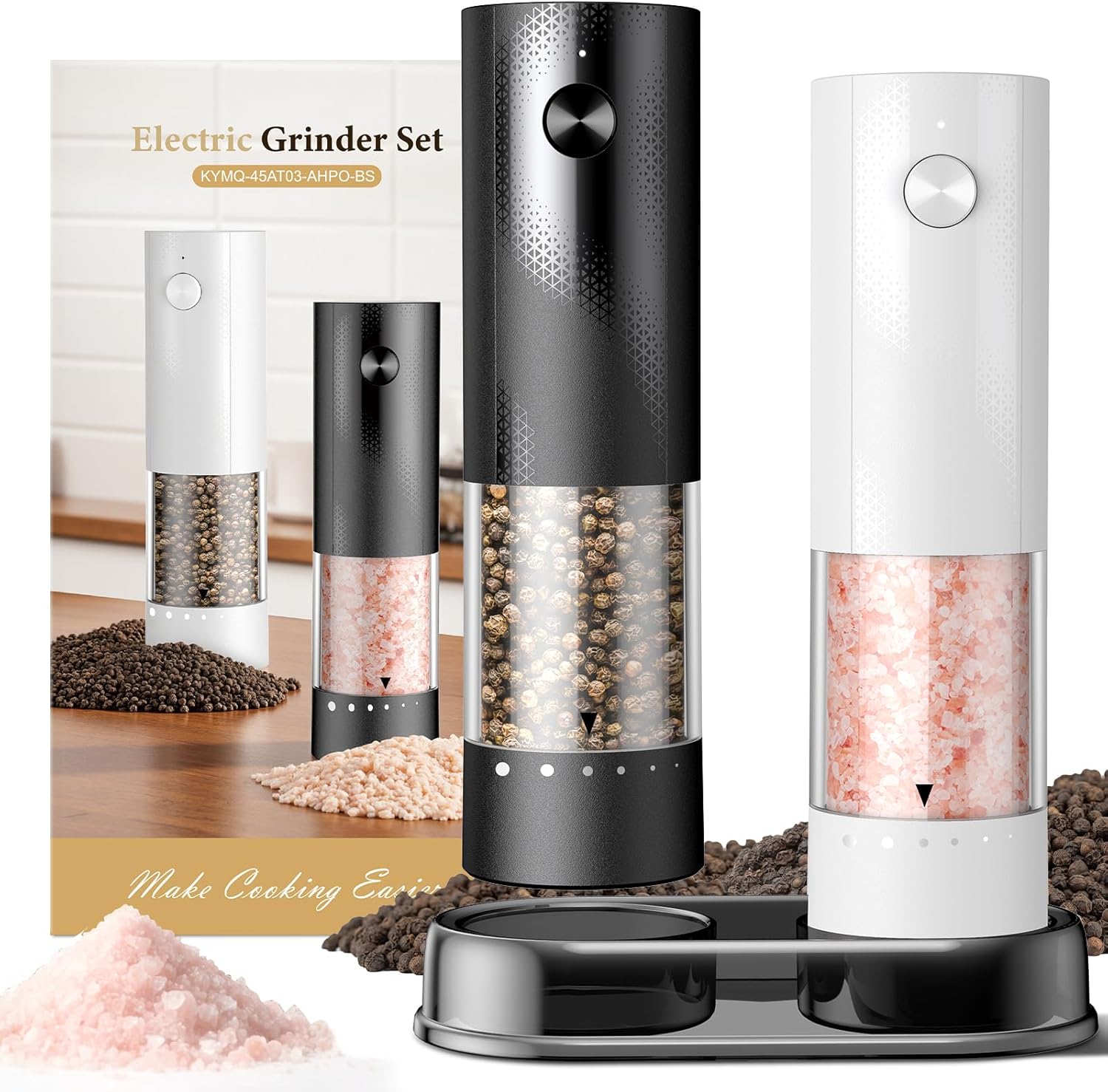 Skiennix Electric Salt and Pepper Grinder Set - Rechargeable Automatic Shakers with Adjustable Coarseness | 2-Pack Black/White