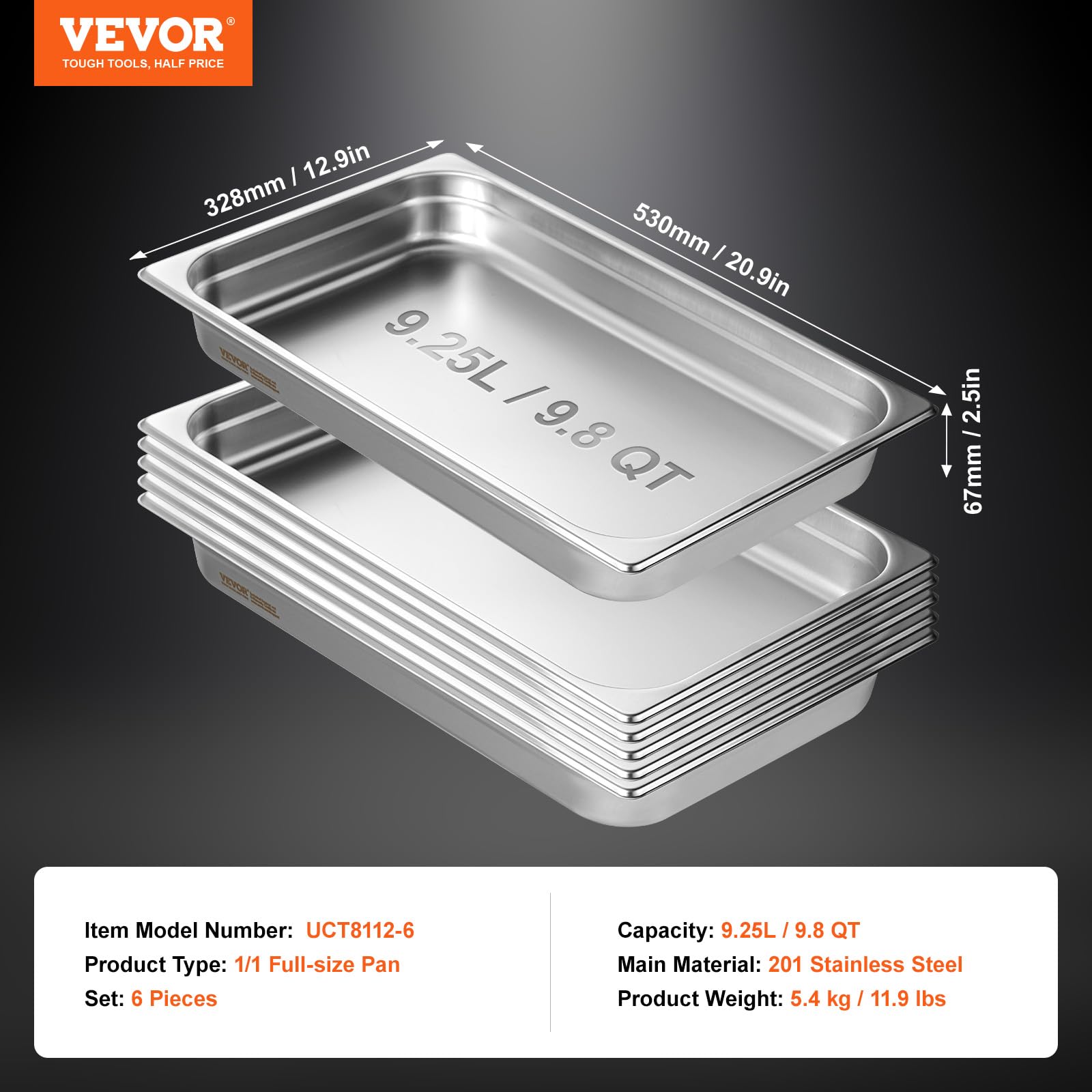 VEVOR 6 Pack Stainless Steel Hotel Pans,2.5-Inch Deep 0.8mm Thick Commercial Food Pans, Anti-Jam Catering Trays for Steam Tables, for Home, Party, Restaurant, Hotel, Buffet