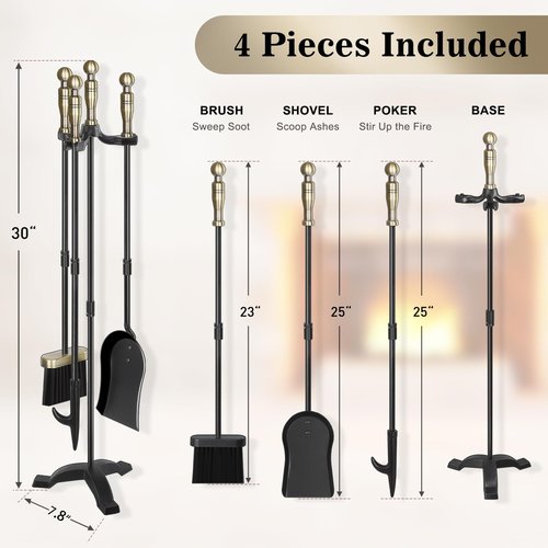 Gtongoko Fireplace Tools Set 4 Pcs 30 Inch Brass Handles Wrought Iron Large Fire Tool Set for Outdoor/Indoor Include Chimney Poker, Antique Shovel, Rustic Brush and Stand Accessories Set