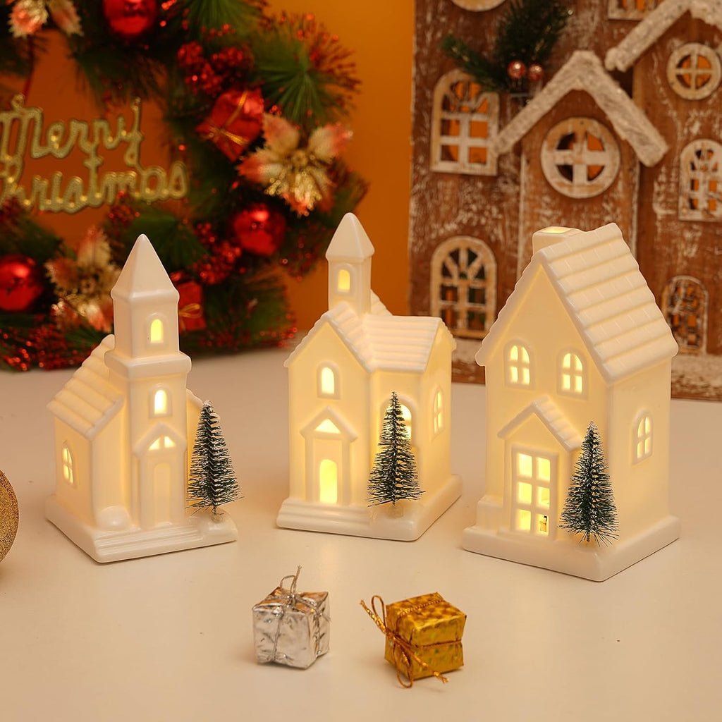 Skiennix Light Up Christmas Houses - White Ceramic Decor with 3 Xmas Trees & Timer | Holiday Village Set