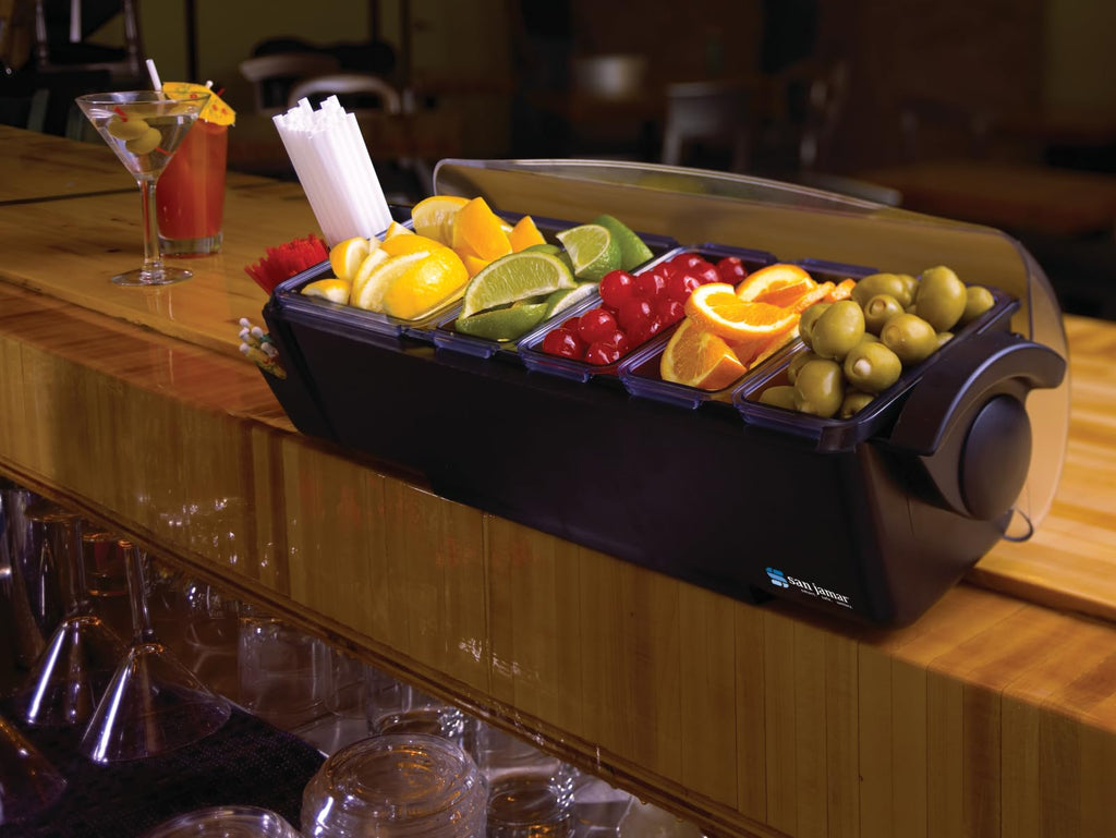 San Jamar Dome Garnish Center 5 Tray with Caddy for Kitchen, Bar, And Restaurants, Plastic, 8 Pints, Black
