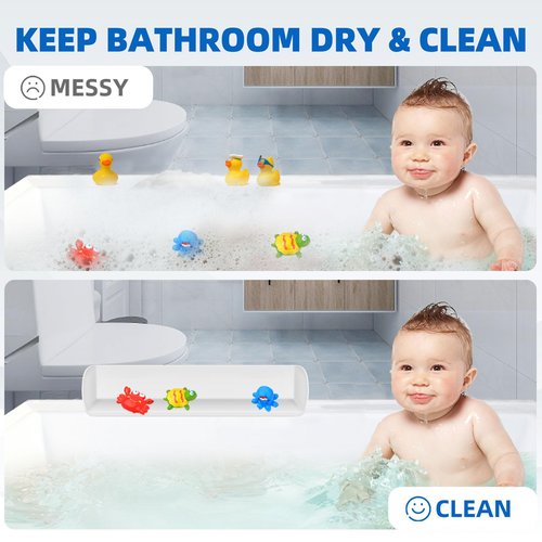 Resseor Splash Guard for Bathtub, 3.8" x 3.6" Silicone Bath Tub Splash Guard with 6 Suction Cups, Bathtub SplashGuard Play Shelf Area for Kids with 3°Drainage Slope for Faster Drying - White