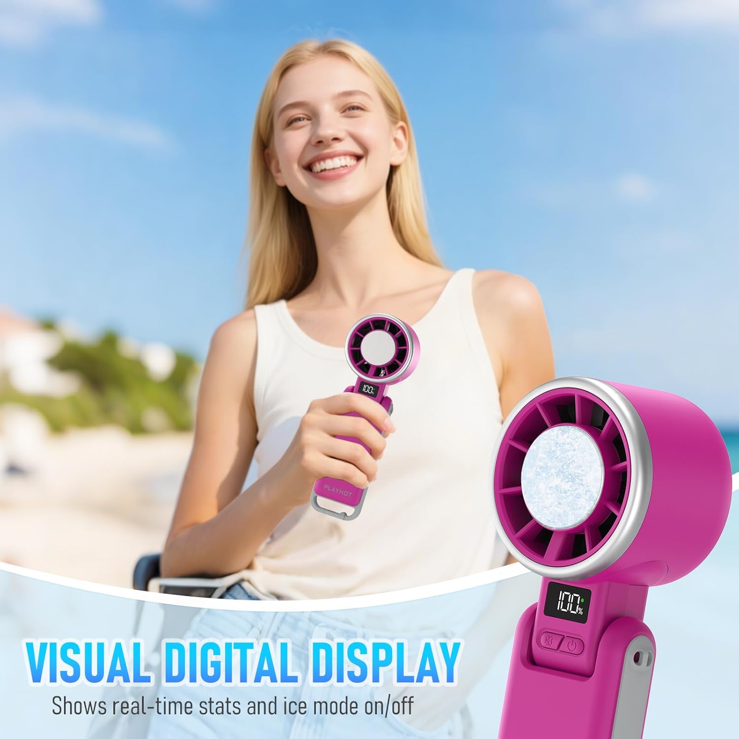 PlayHot Portable Handheld Turbo Fan - Rechargeable Ice Cooling Fan with 5 Speeds | Up to 12 Hours Cooling (Magenta)