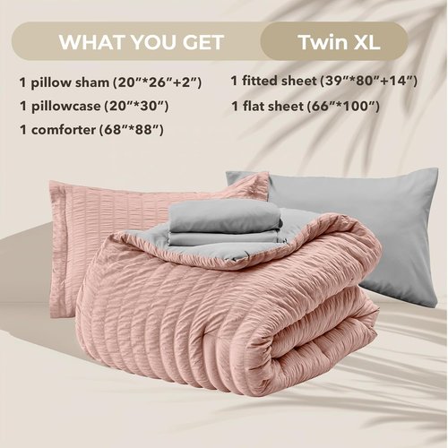 HYMOKEGE Twin XL Comforter Set - Rose Gold & Light Grey Seersucker | 5-Piece All-Season Luxury Bedding Set