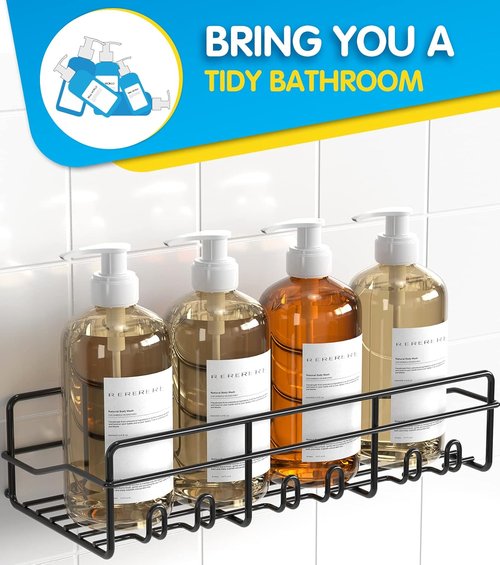 Coraje Adhesive Bathroom Caddy - Large Capacity Rustproof Metal Shelves | 2-Pack Black Organizer for Shower Essentials