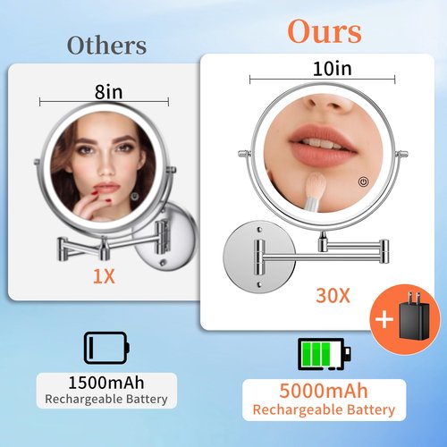 FUNTOUCH 30X/1X Wall Mounted Lighted Makeup Mirror, 5000mAh Rechargeable 9" Double Sided Magnifying Bathroom Mirror, 3 Color Modes Touch Dimmable Extended Arm 360 Rotation with Adapter,Chrome