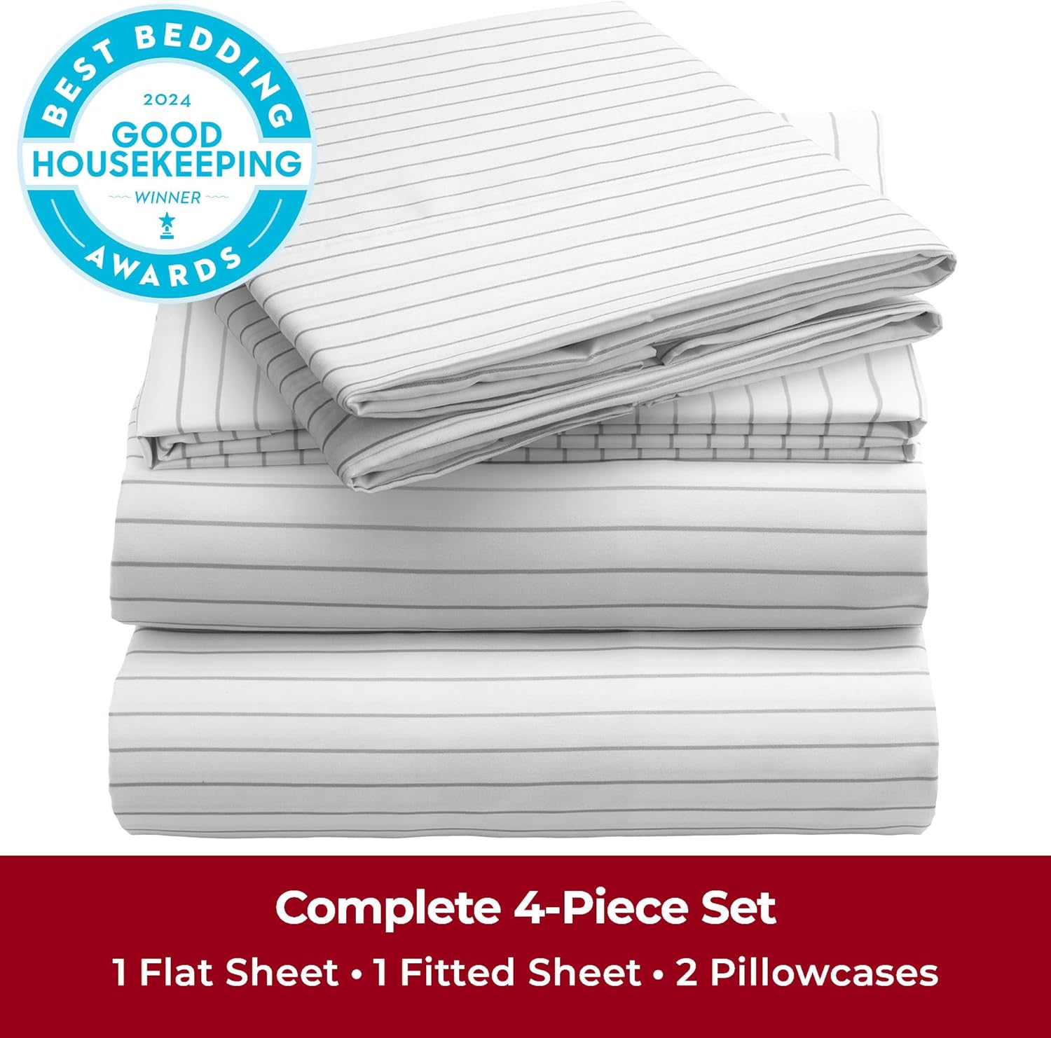 Mellanni Full Sheets Set - 4 PC Iconic Collection | Hotel Luxury, Extra Soft, Cooling Bed Sheets - Wrinkle, Fade, Stain Resistant (Full, Pinstripe Gray)