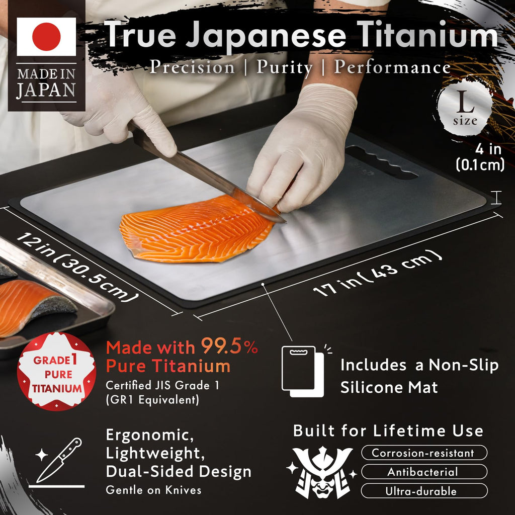 HIBINO Titanium Cutting Board | 99.5% Pure Japanese Titanium | Non-Toxic | Lightweight & Dishwasher Safe | L Size | Made in Japan | With Non-Slip Mat | For Kitchen & Camping Use