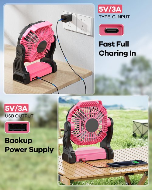 Art In Real 30000mAh Rechargeable Camping Fan with LED Lantern,Portable Battery Powered Outdoor Fan for Bedroom,Camping,Travel,Hiking,Beach,Office,Trave Accessories(Pink)