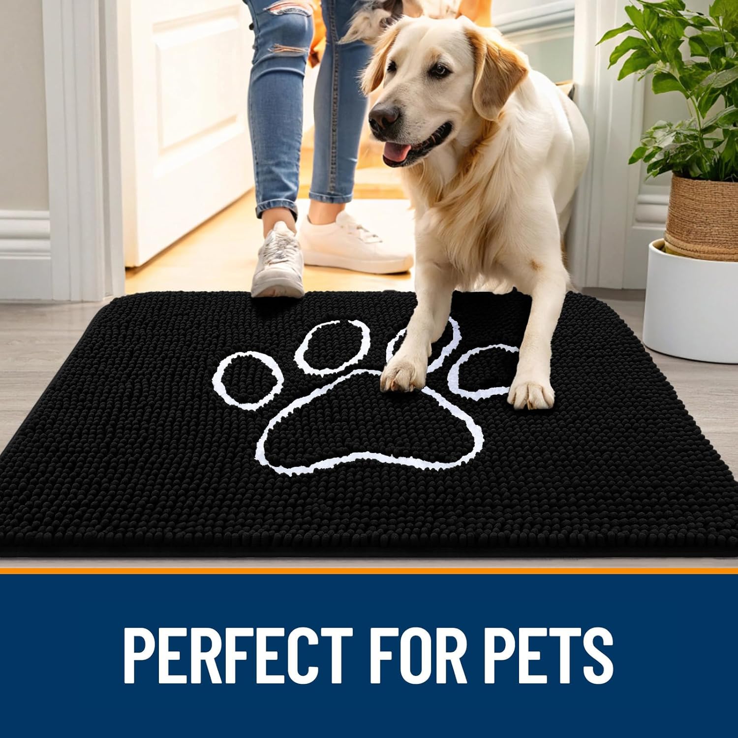 OLANLY Dog Door Mat - Absorbent Non-Slip Mud Mat for Muddy Paws | 47x32 Paw Print Design, Quick Dry Black