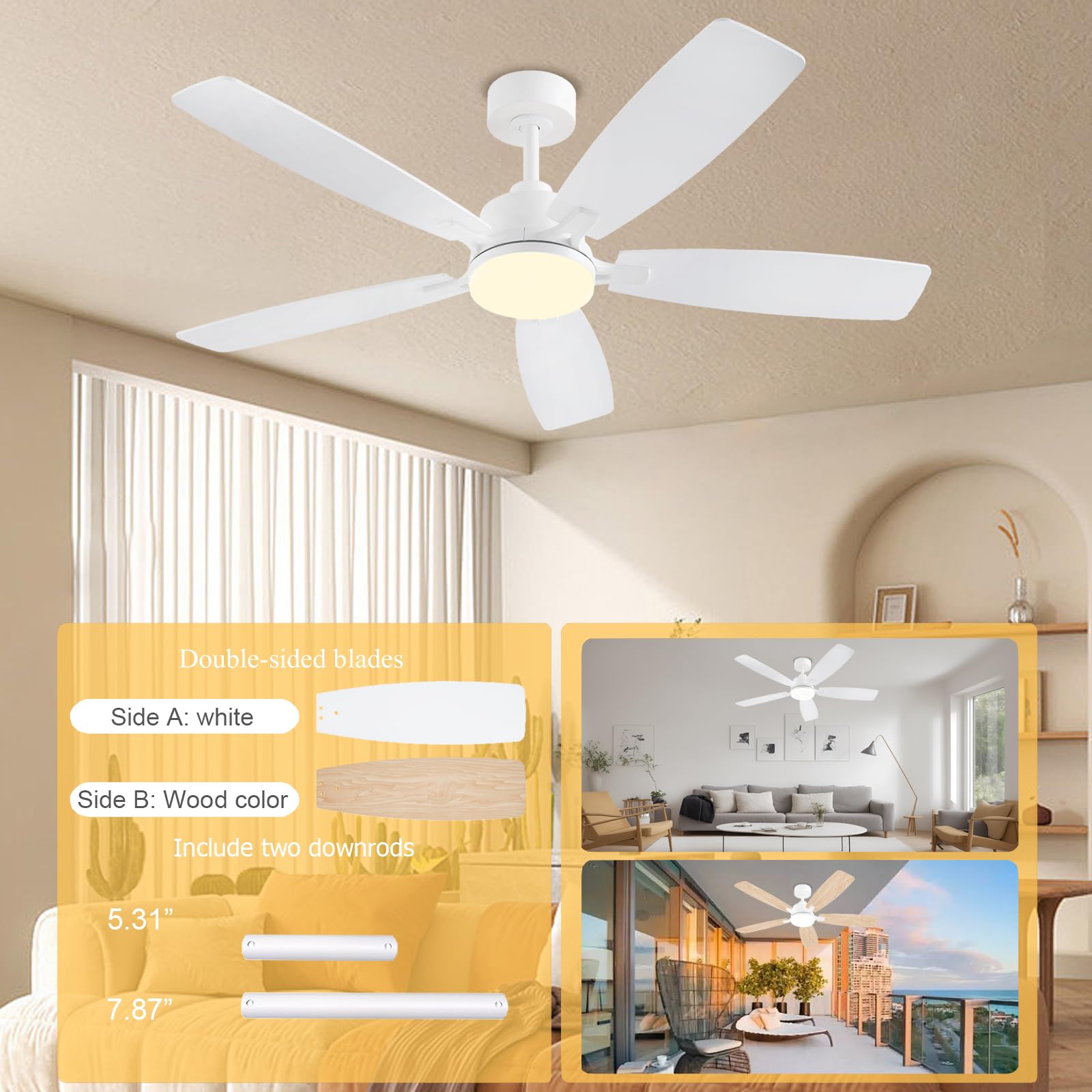 NKPU White Ceiling Fans with Lights, 52 Inch Low Profile Ceiling Fan with Light and Remote/App Control, Dual-Sided Blades, Reversible, 3CCT, Dimmable, Modern Ceiling Fan for Indoor/Outdoor Patios