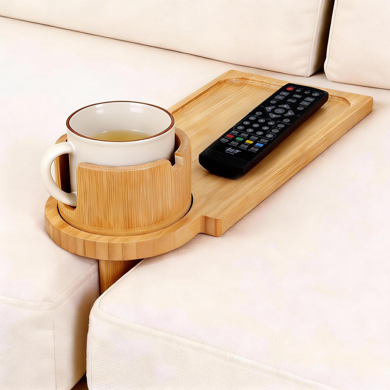 Bamboo Couch Gap Cup Holder Tray - 3-in-1 Removable Anti-Slip Snack Organizer with 360° Rotating Cup Holder, Armrest Table for Sofa/Recliner, Remotes & Phones