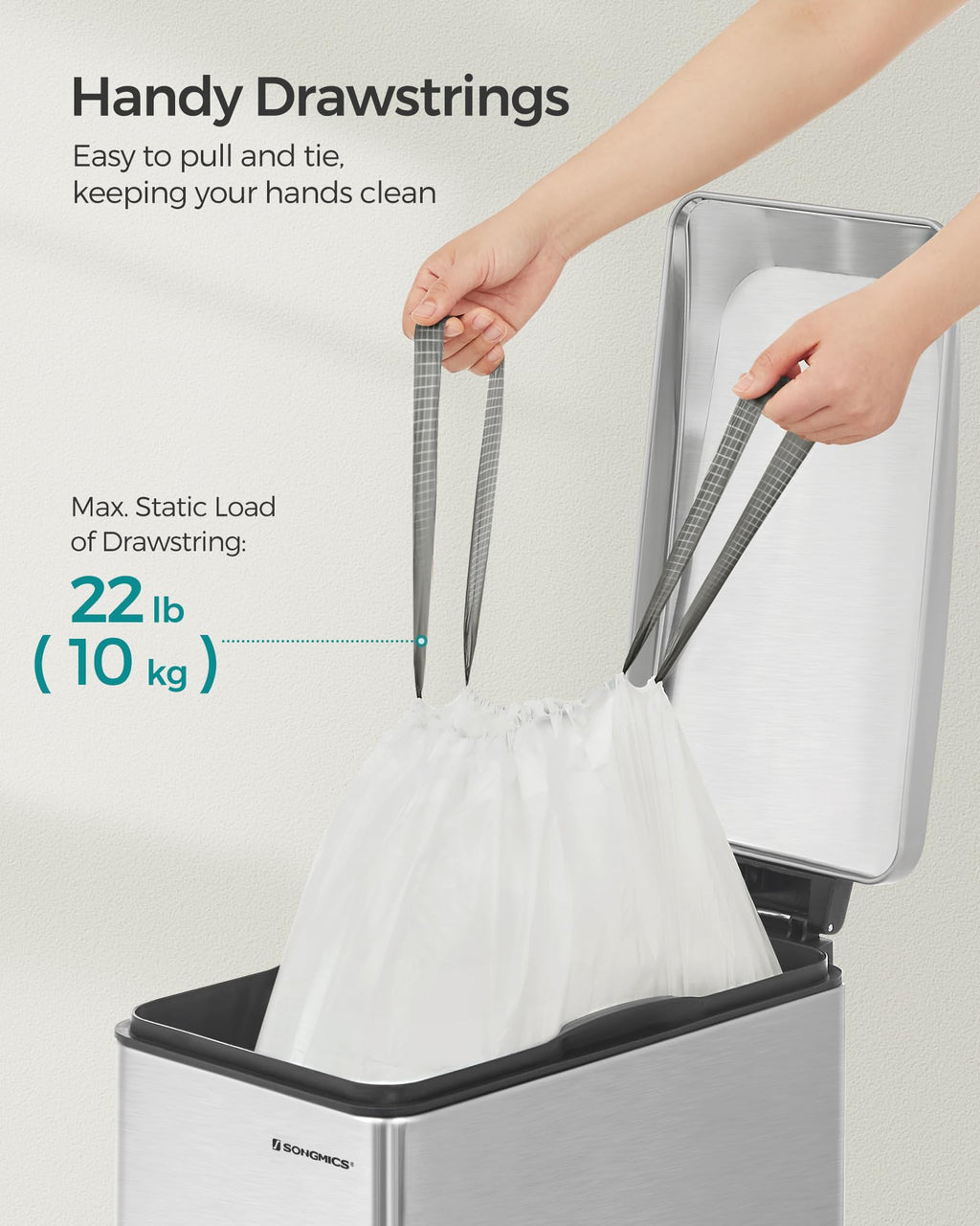 SONGMICS Trash Bags for 12-14.5 Gallon (45-55L) Trash Cans,80 Count Drawstring Kitchen Garbage Bags, Pre-Separated, Liner Code 055A01, 2 Rolls,White UKRB055A02