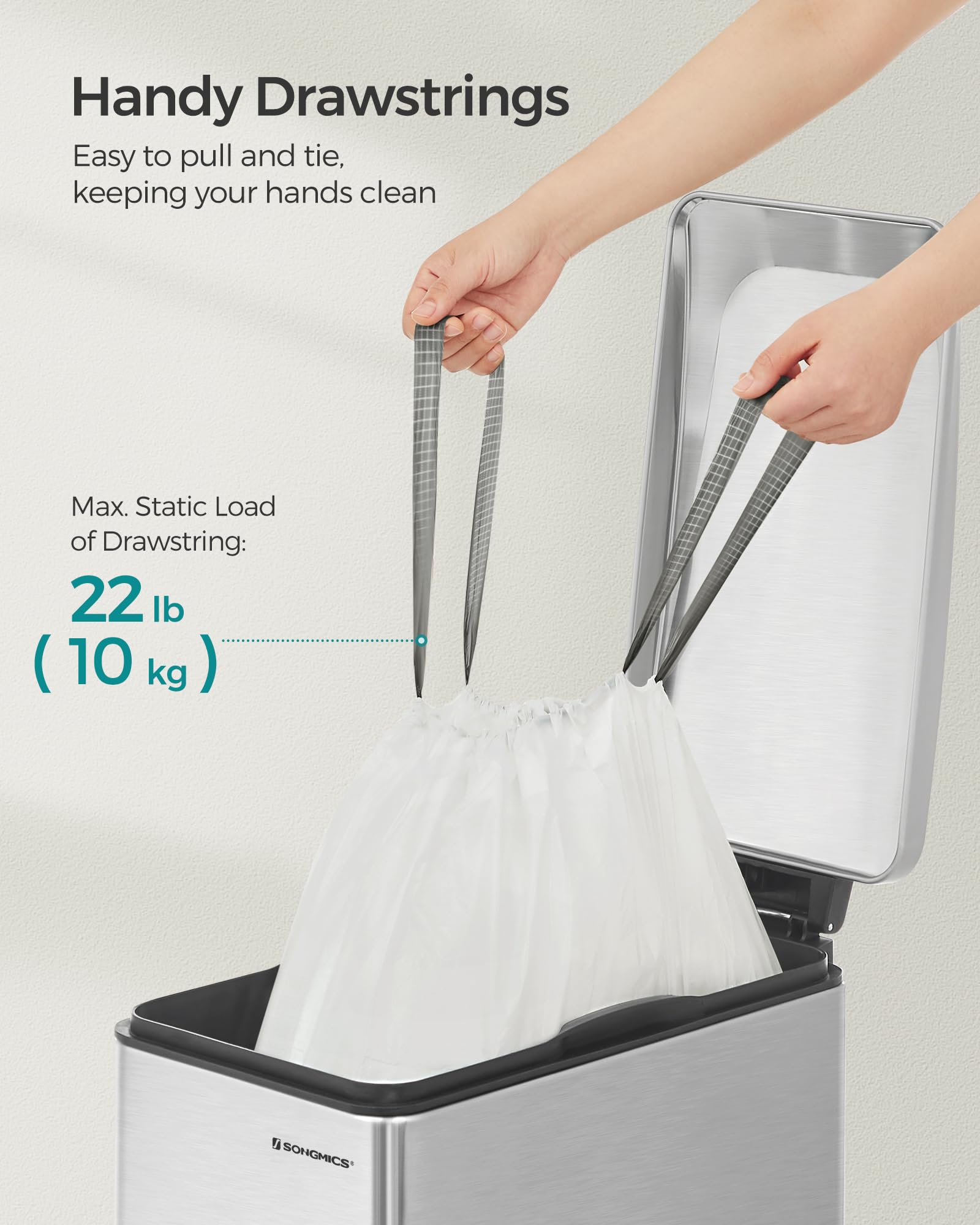 SONGMICS Trash Bags for 12-14.5 Gallon (45-55L) Trash Cans,80 Count Drawstring Kitchen Garbage Bags, Pre-Separated, Liner Code 055A01, 2 Rolls,White UKRB055A02