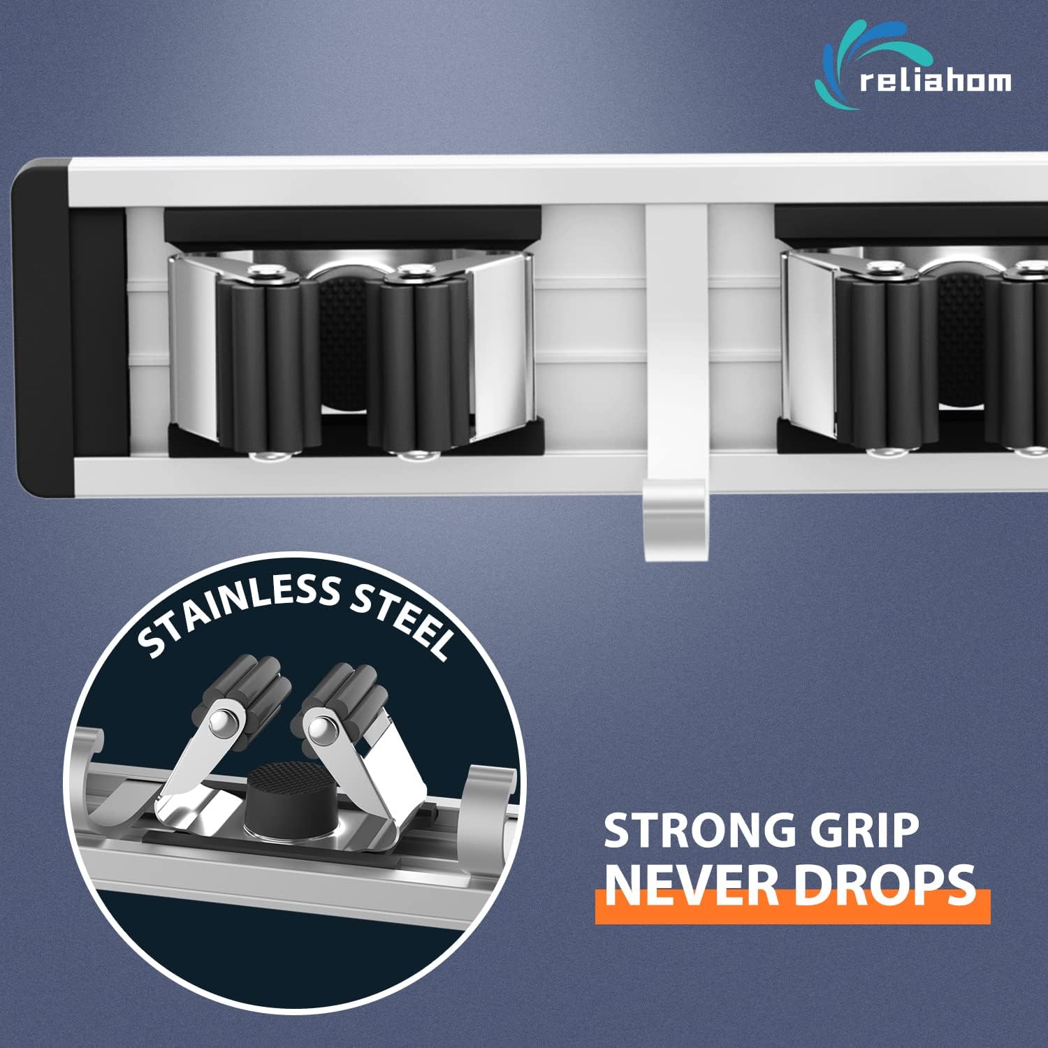Reliahom Broom Holder Wall Mount - 2 Pack with 5 Racks & 4 Hooks for Garage, Kitchen, Garden, Laundry Room