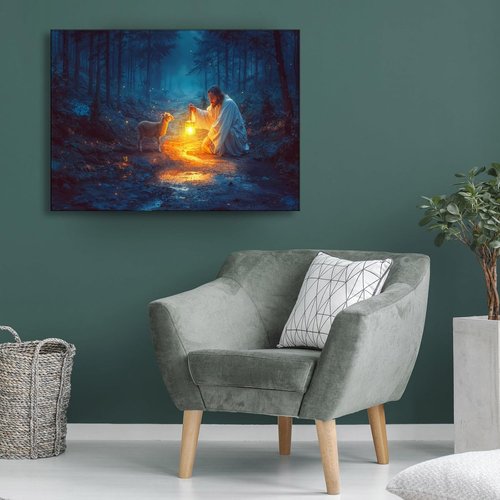 Christian Wall Art | Jesus and Lamb Canvas Decor - Serenity Prayer for Home & Baptism Gifts (24" x 16")