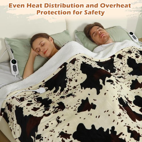 Cow Print Heated Blanket, 90"x100" Electric Blanket King Size Dual Control, Cozy Soft Flannel Sherpa Heating Blankets with 9 Heat Levels & 2/4/8/12H Auto-Off