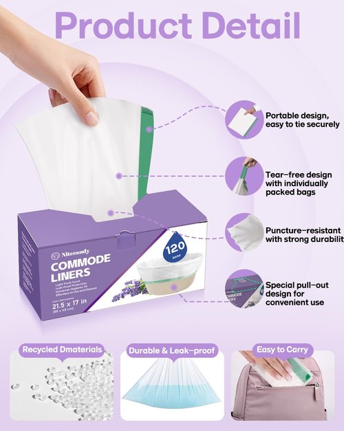 Commode Liners for Bedside Commode, 120 Count Universal Fit, Disposable Toilet Bags for Bedside Commode, Portable Toilet, Bed Pan, Medical Grade & Lavender Scented