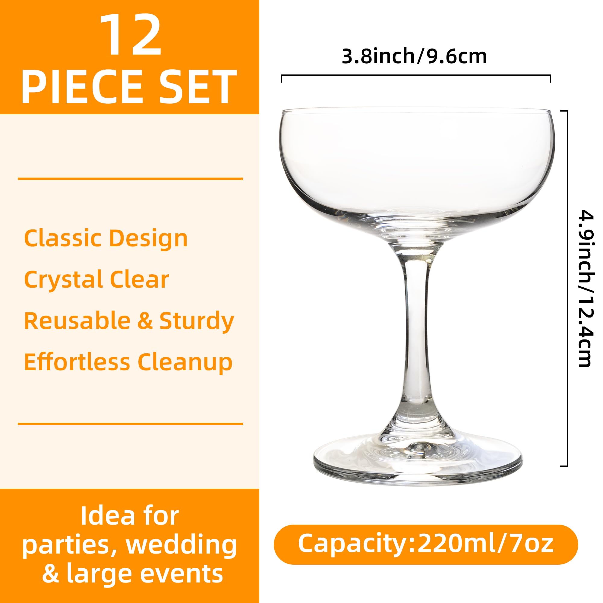 QOWOEO Set of 12 - Champagne Coupe Glasses, 7 Oz Clear Cut Rim Martini Glass with Short Stable Base, Ideal for Parties, Birthdays and Bars, Dishwasher safe