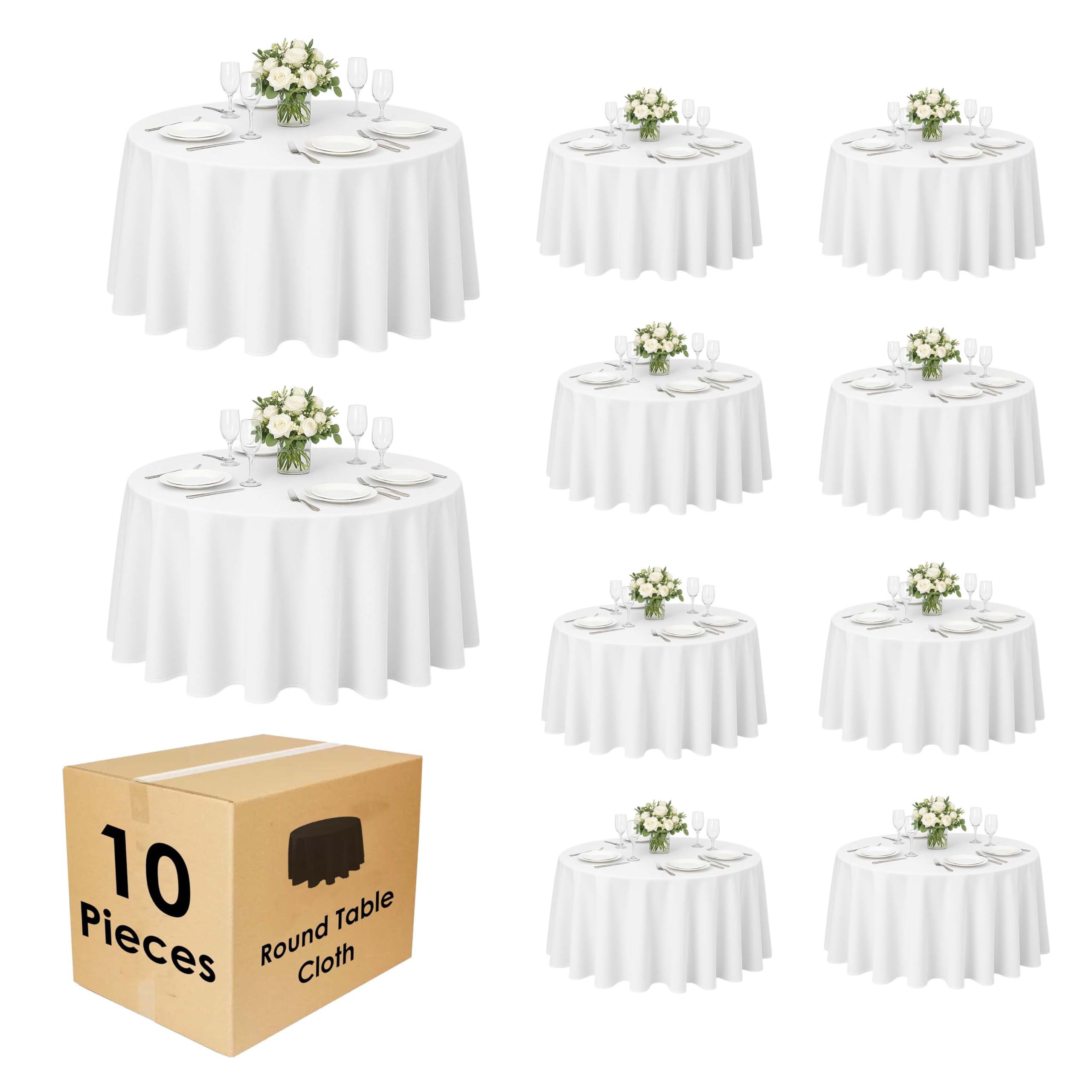 Craft And Party 10 Pack 108 Inch White Round Tablecloth, Polyester Fabric Washable Table Cloth for Home, Party, Wedding or Restaurant Use.