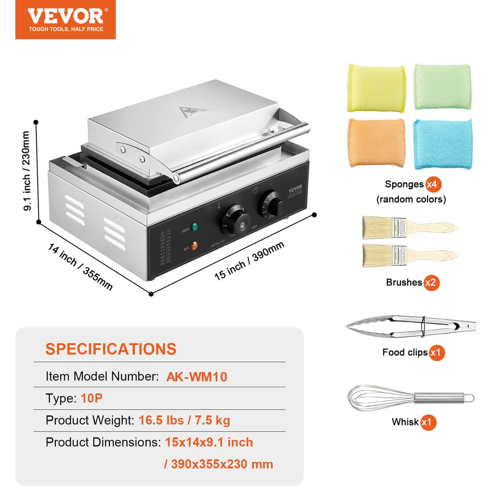VEVOR Commercial Waffle Maker, 10PCS Rectangle Waffle Baker Machine, 1550W Non-Stick Stainless Steel Belgian Waffle Iron with Temp and Time Control, Handle, for Restaurant Bakery Snack Bar Family