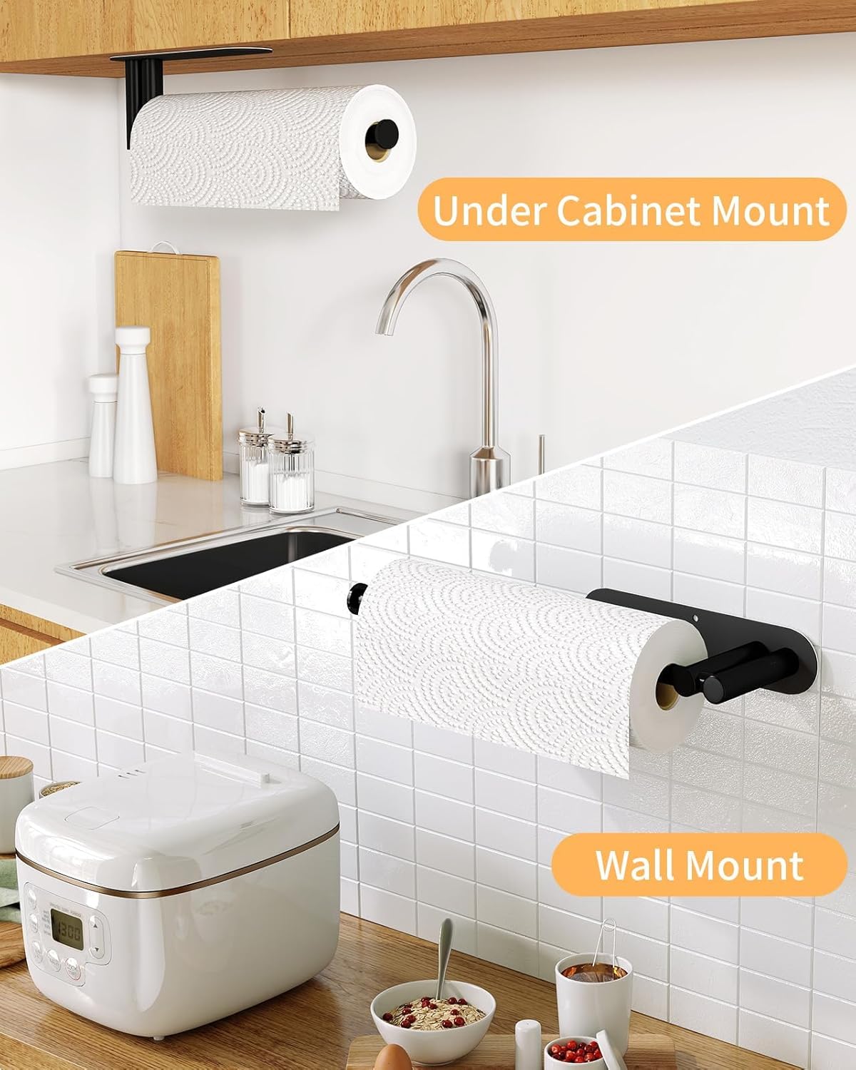 Under Cabinet Paper Towel Holder - Skiennix Heavy Duty Double Pole Design | Stainless Steel, Black
