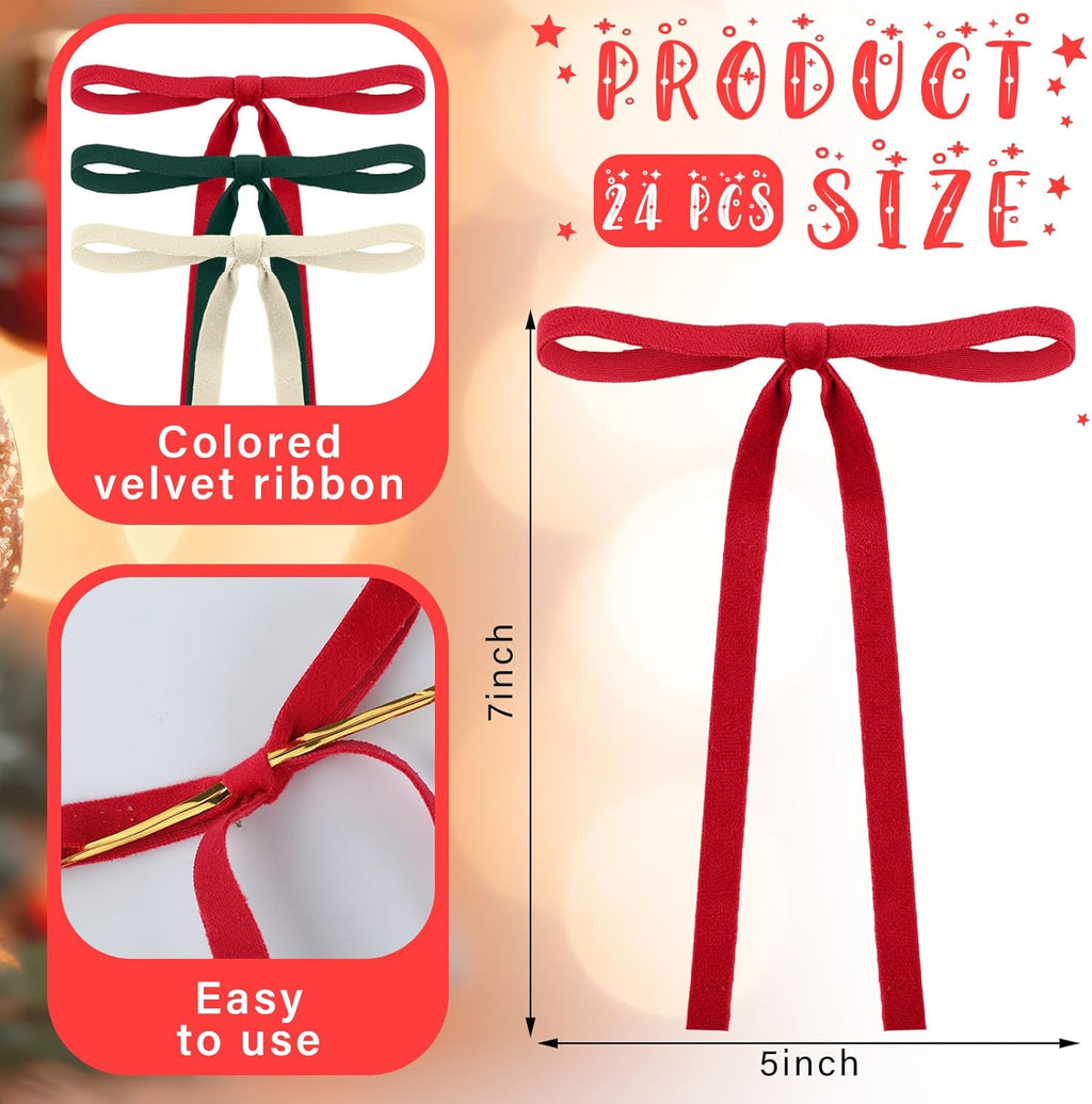 Skiennix Velvet Bows | 24 Pcs Vintage Double-Faced Ribbon Ornaments for Christmas Trees & Garlands | Red, Green, White (5 x 7 Inch, 3/8" Width)