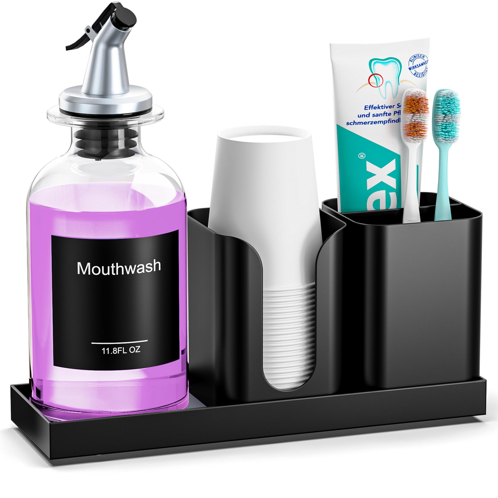 Moforoco Glass Mouthwash Dispenser with Toothbrush Holders, 11.8Oz Mouth Wash Bottle Container with Cup Holder, Funnel, Labels, and Drying Stone Tray, Bathroom Decor Accessories Set, Black