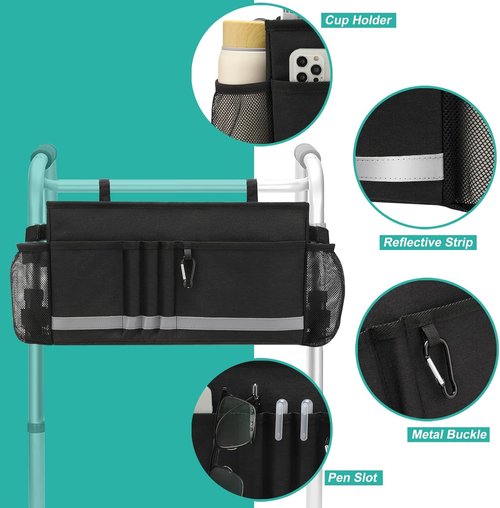 EXLIFBAG Walker Bag - Folding Design with Cup Holder | Essential Accessories for Seniors - Black